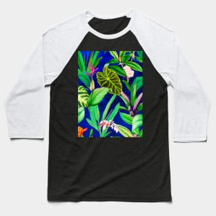 Stylish Tropical floral leaves and foliage botanical illustration, botanical pattern, tropical plants, blue leaves pattern over a Baseball T-Shirt